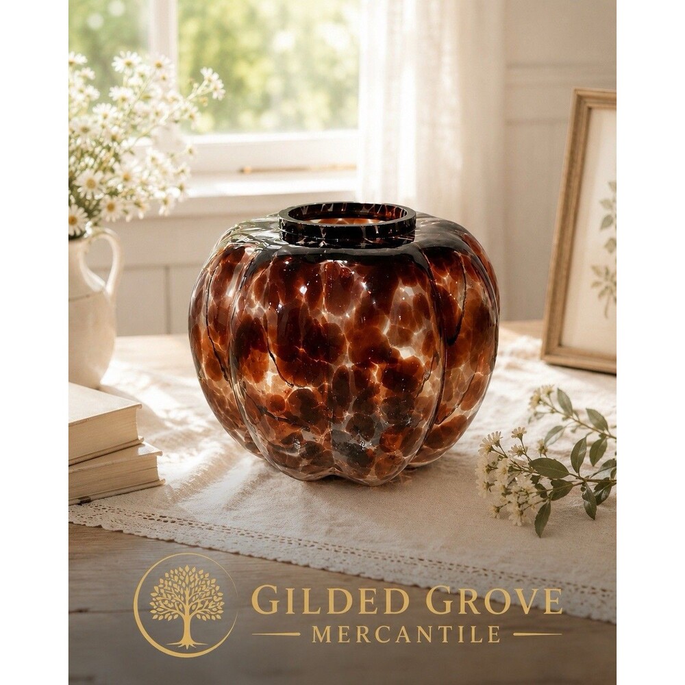 TAG Amber Art Glass Pumpkin Vase Cottagecore Rustic Farmhouse Spotted NEW